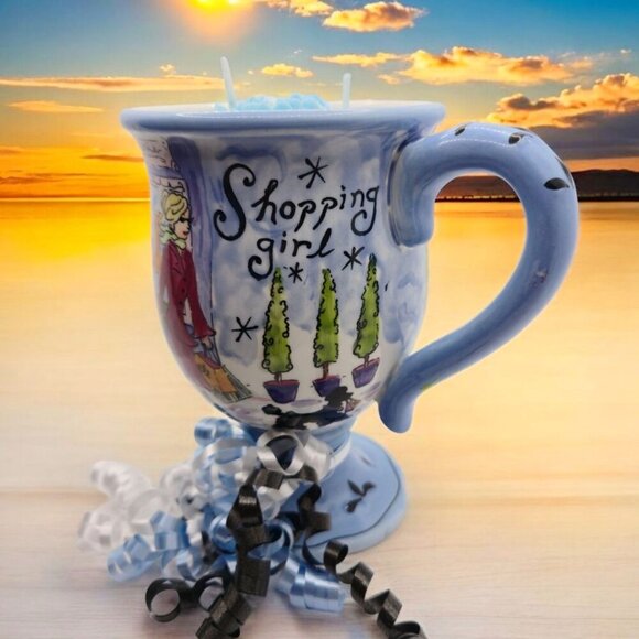 Hand-Poured Soy Candle ✦ Jennifer Brinley Shopping Girl Mug ✦ Blue Flower Topper - Picture 9 of 11